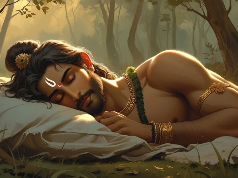 A detailed digital artwork depicting a peaceful scene of a person resting in a serene forest setting. The figure lies on their side on white bedding or cloth, appearing to be in deep, tranquil sleep. They have long, dark wavy hair adorned with ornate golden jewelry including what appears to be a decorative hair ornament. Their face bears traditional white and red facial markings, and they wear elaborate golden jewelry including necklaces, bracelets, and arm bands with intricate designs. A green beaded necklace is also visible among their adornments. The person is positioned in a natural outdoor environment surrounded by tall trees with dappled sunlight filtering through the forest canopy, creating a warm, golden atmosphere. The lighting creates dramatic shadows and highlights across the scene, with soft rays of light illuminating the figure and the white fabric they rest upon. Grass, fallen leaves, and forest undergrowth are visible in the foreground and background, contributing to the naturalistic woodland setting. The overall mood is peaceful and contemplative, with rich earth tones and golden hues dominating the color palette.