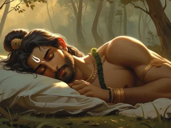 A detailed digital artwork depicting a peaceful scene of a person resting in a serene forest setting. The figure lies on their side on white bedding or cloth, appearing to be in deep, tranquil sleep. They have long, dark wavy hair adorned with ornate golden jewelry including what appears to be a decorative hair ornament. Their face bears traditional white and red facial markings, and they wear elaborate golden jewelry including necklaces, bracelets, and arm bands with intricate designs. A green beaded necklace is also visible among their adornments. The person is positioned in a natural outdoor environment surrounded by tall trees with dappled sunlight filtering through the forest canopy, creating a warm, golden atmosphere. The lighting creates dramatic shadows and highlights across the scene, with soft rays of light illuminating the figure and the white fabric they rest upon. Grass, fallen leaves, and forest undergrowth are visible in the foreground and background, contributing to the naturalistic woodland setting. The overall mood is peaceful and contemplative, with rich earth tones and golden hues dominating the color palette.