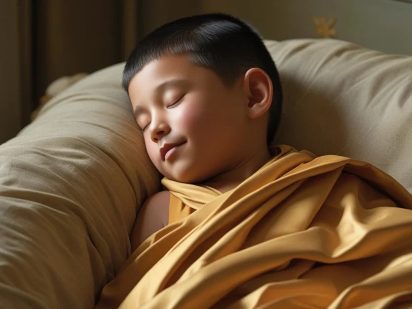 Peaceful artistic rendering of a young Buddhist monk sleeping serenely on his side in bed, with short black hair and smooth facial features. He is wearing traditional saffron-colored or golden-yellow monastic robes that drape elegantly across his body. His eyes are gently closed in restful slumber as he rests his head on white or cream-colored pillows and bedding. The scene is illuminated by soft, warm natural lighting that creates gentle shadows and highlights, emphasizing the tranquil and meditative quality of the moment. The background shows muted earth tones suggesting a simple, contemplative sleeping environment typical of monastic quarters.
