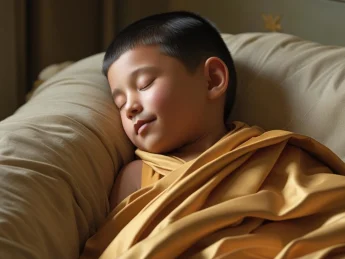 Peaceful artistic rendering of a young Buddhist monk sleeping serenely on his side in bed, with short black hair and smooth facial features. He is wearing traditional saffron-colored or golden-yellow monastic robes that drape elegantly across his body. His eyes are gently closed in restful slumber as he rests his head on white or cream-colored pillows and bedding. The scene is illuminated by soft, warm natural lighting that creates gentle shadows and highlights, emphasizing the tranquil and meditative quality of the moment. The background shows muted earth tones suggesting a simple, contemplative sleeping environment typical of monastic quarters.