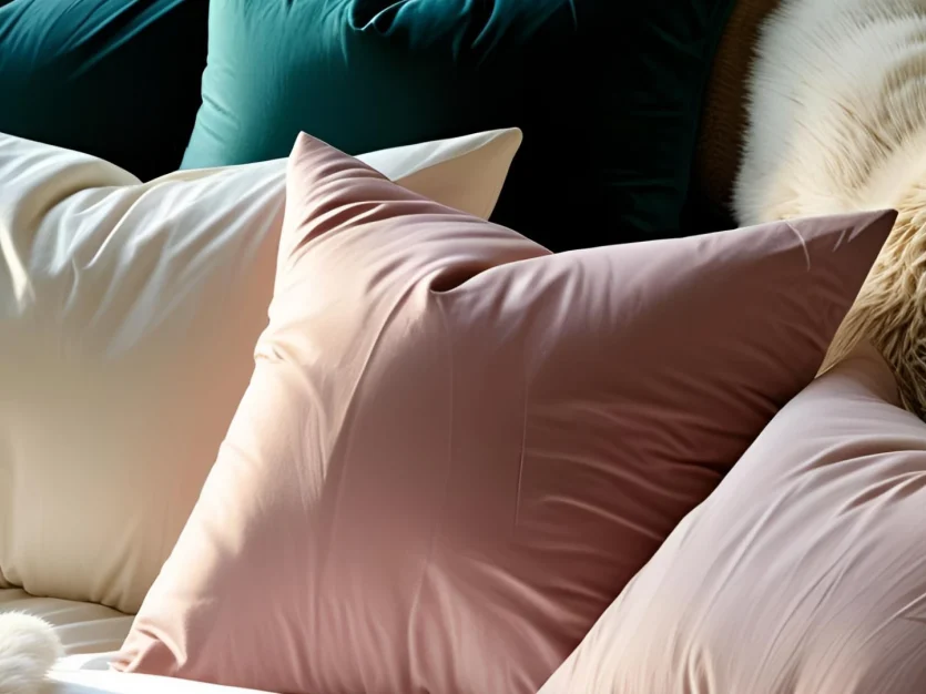 Luxurious bedroom setting featuring an arrangement of soft throw pillows in cream, blush pink, and dusty rose velvet textures artfully placed on a white bedding setup, with a decorative fur throw pillow and rich teal velvet upholstered headboard visible in the background, creating an elegant and cozy sleep environment that emphasizes comfort and quality bedding choices.