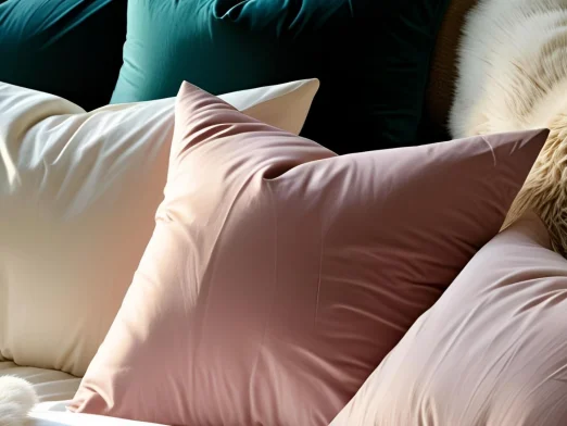 Luxurious bedroom setting featuring an arrangement of soft throw pillows in cream, blush pink, and dusty rose velvet textures artfully placed on a white bedding setup, with a decorative fur throw pillow and rich teal velvet upholstered headboard visible in the background, creating an elegant and cozy sleep environment that emphasizes comfort and quality bedding choices.