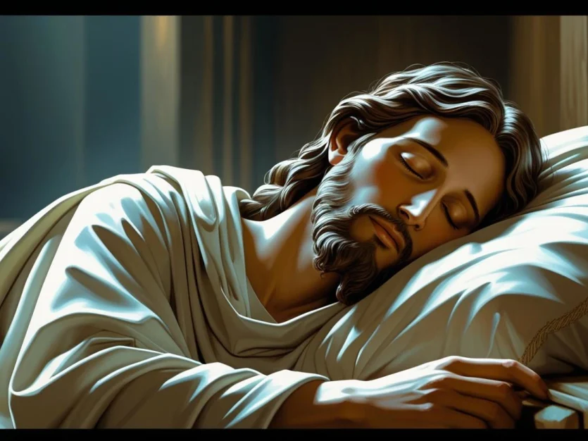 Detailed artistic illustration of Jesus Christ lying peacefully asleep on his side in a bed, with long flowing brown hair and a full beard, wearing white flowing robes or garments. He rests his head on a pillow with his eyes gently closed in serene slumber. The scene is bathed in soft, warm golden and blue lighting that creates gentle shadows and highlights across the fabric and his peaceful facial features. The background shows hints of a room interior with what appears to be curtains or drapery, creating an intimate, contemplative atmosphere that emphasizes the human aspect of Christ at rest.
