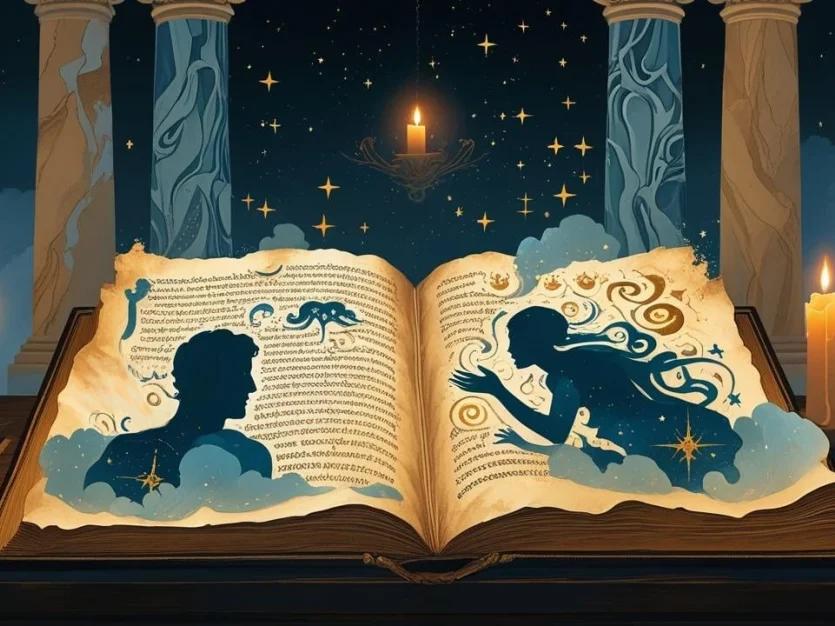 Ancient open book with Greek text displaying mystical dream interpretation scenes, featuring silhouetted figures surrounded by swirling clouds and stars on parchment pages, set in a classical temple with marble columns and flickering candles under a starry night sky