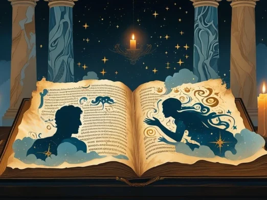 Ancient open book with Greek text displaying mystical dream interpretation scenes, featuring silhouetted figures surrounded by swirling clouds and stars on parchment pages, set in a classical temple with marble columns and flickering candles under a starry night sky